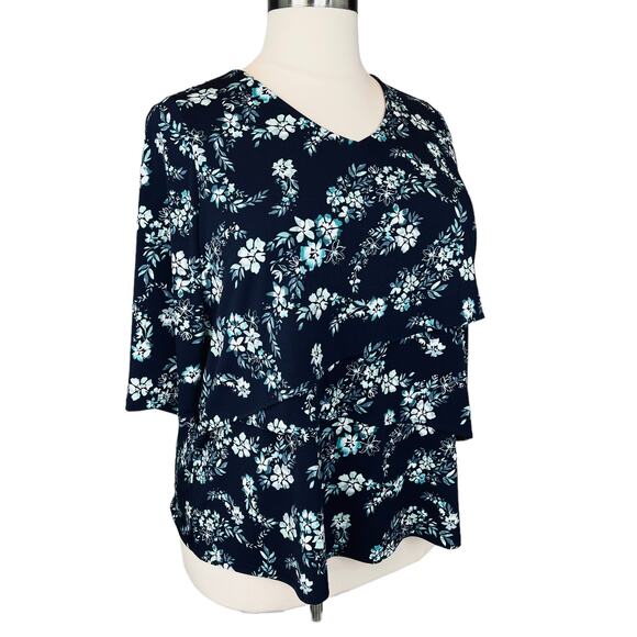 Catherine's Petite 14/16 Navy Floral Tiered Tunic Top V-Neck Stretch Jersey Knit - Picture 2 of 10